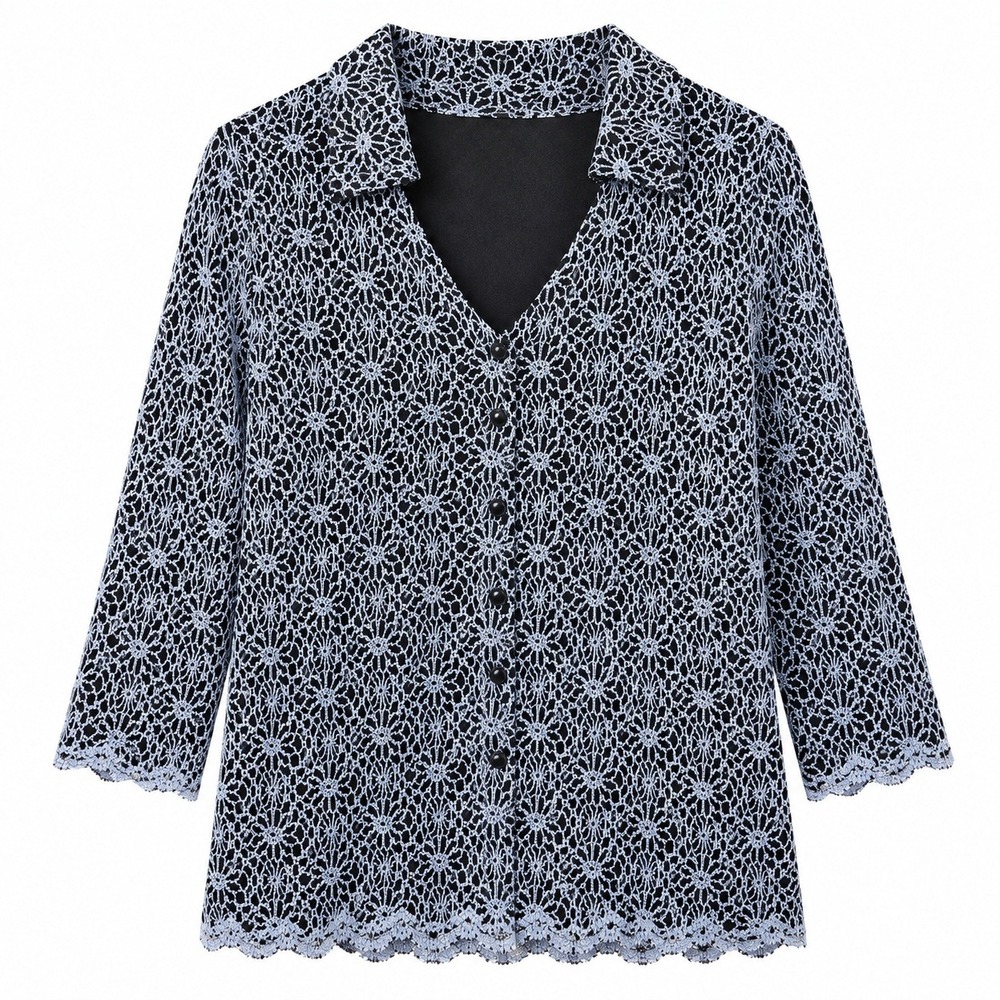 Dressbarn Woman Lace Blouse Womens 14/16 Blue Black Excellent 3/4 Sleeve Floral